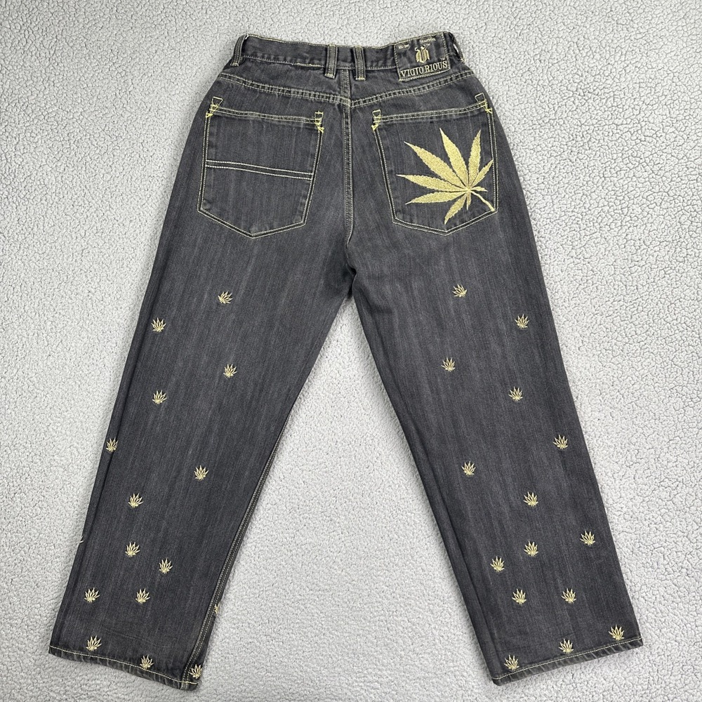 VTG Y2K Victorious Baggy Wide Leg Jeans 30 Blue Embroidered Gold Weed Pot Leaf